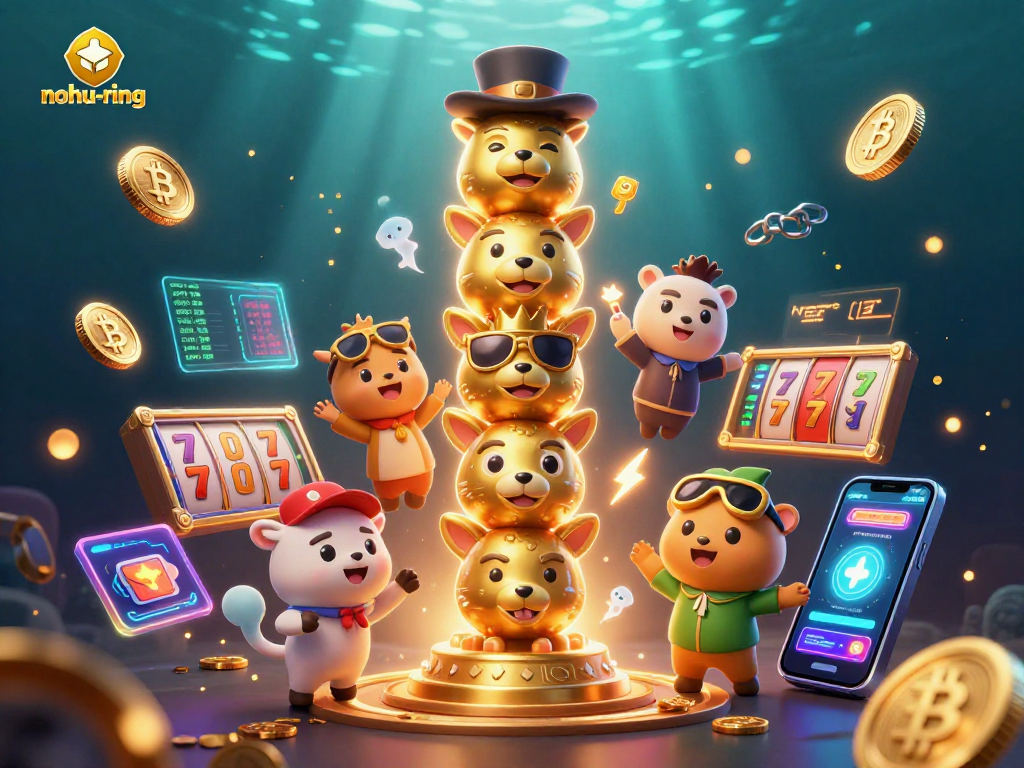Spin the nohu-ring jackpot with vibrant 3D characters and glittering casino elements.