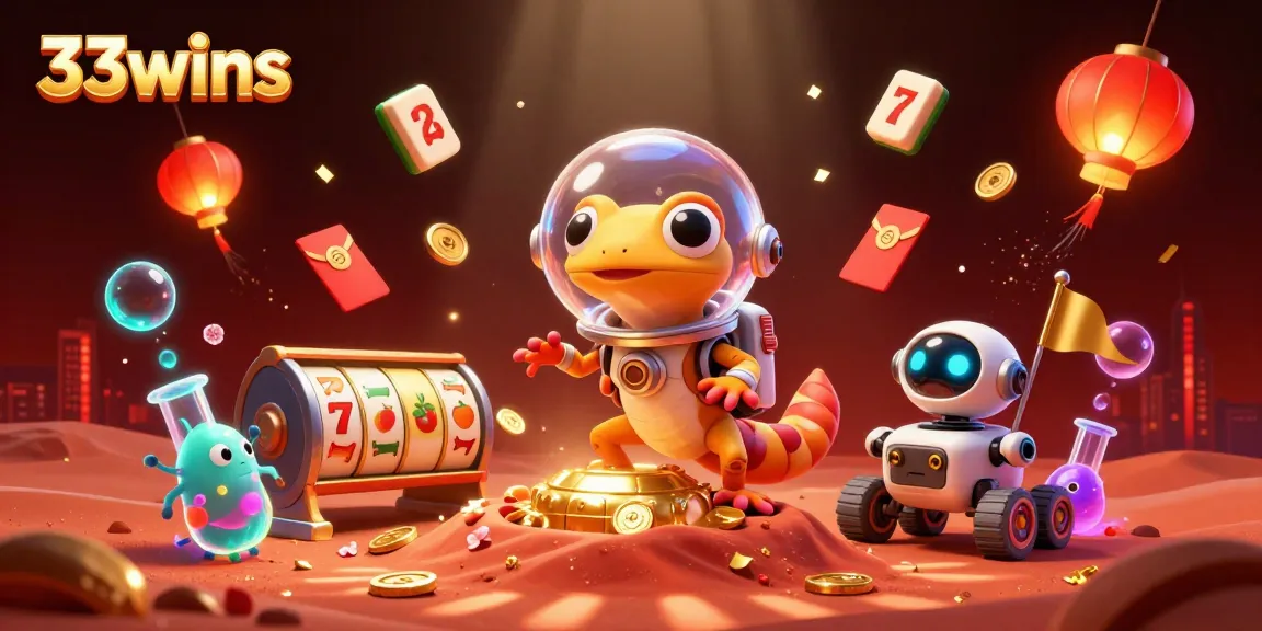 Explore exciting games with 33wins in a vibrant Martian casino scene of 3D illustrations.