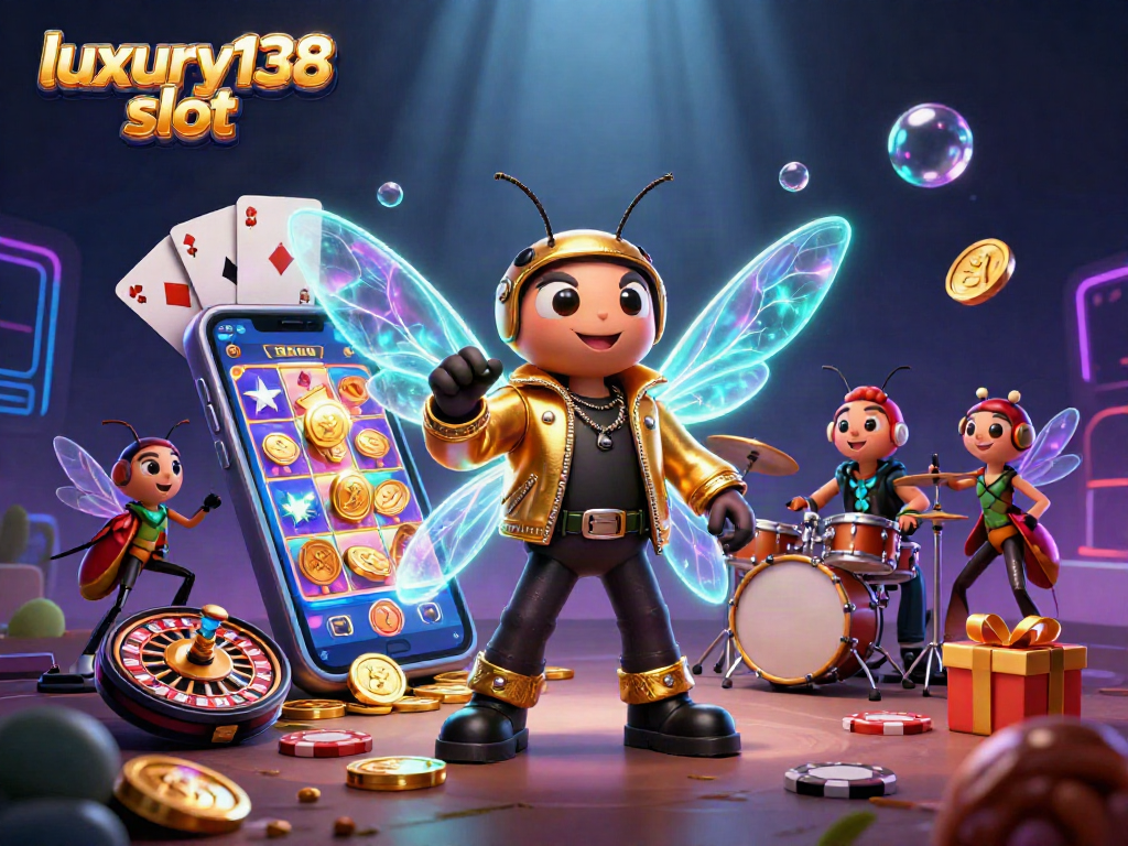 Slot luxury138, cicada rock star dan drummer di tengah slot game penuh warna.