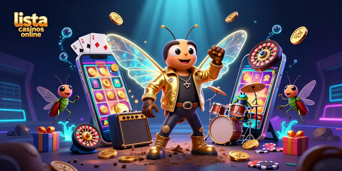 Lista casinos online divertida ilustración 3D con estrella de rock y elementos de juego.