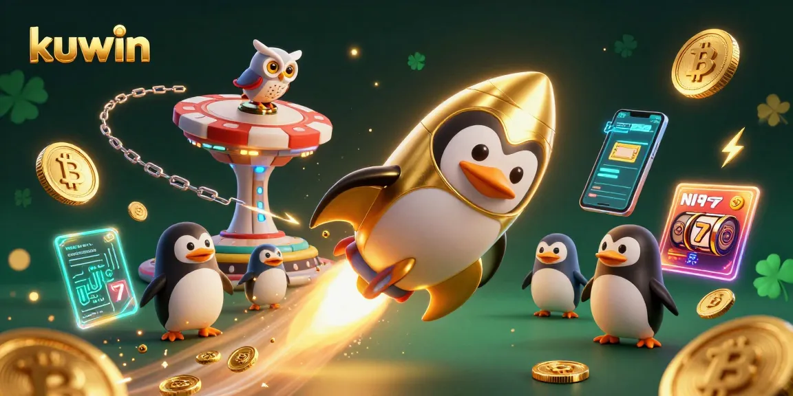 Experience thrilling gameplay at kuwin with a vibrant 3D rocket-powered penguin flying through a casino-themed space!