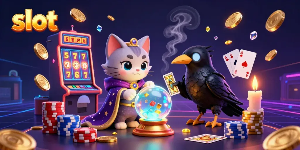 Slot mesin menghasilkan koin emas berkilau dan permata bersinar di dekat kucing peramal.