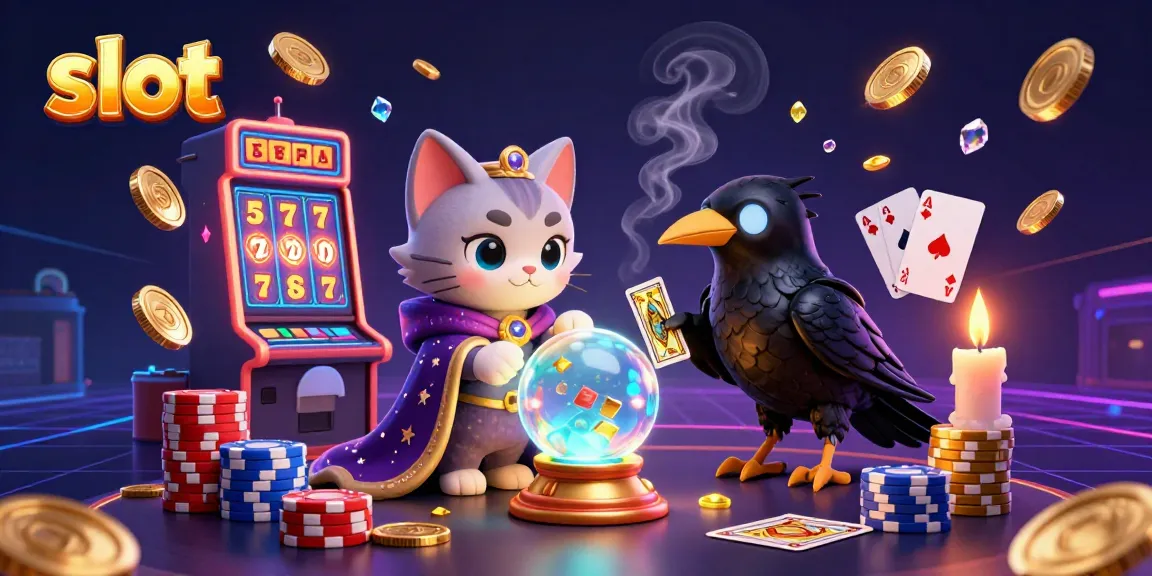 Slot mesin menghasilkan koin emas berkilau dan permata bersinar di dekat kucing peramal.
