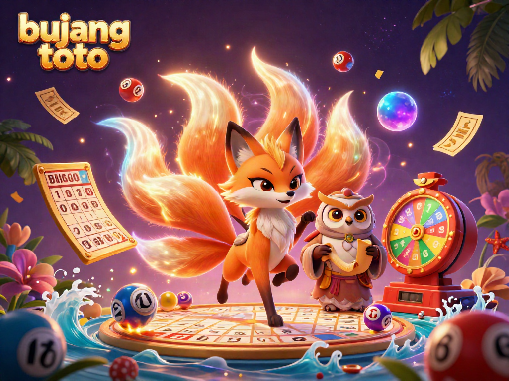 Experience the thrill of bujang toto in a vibrant casino scene with a glowing nine-tailed fox, wise owl, and dynamic gambling elements.