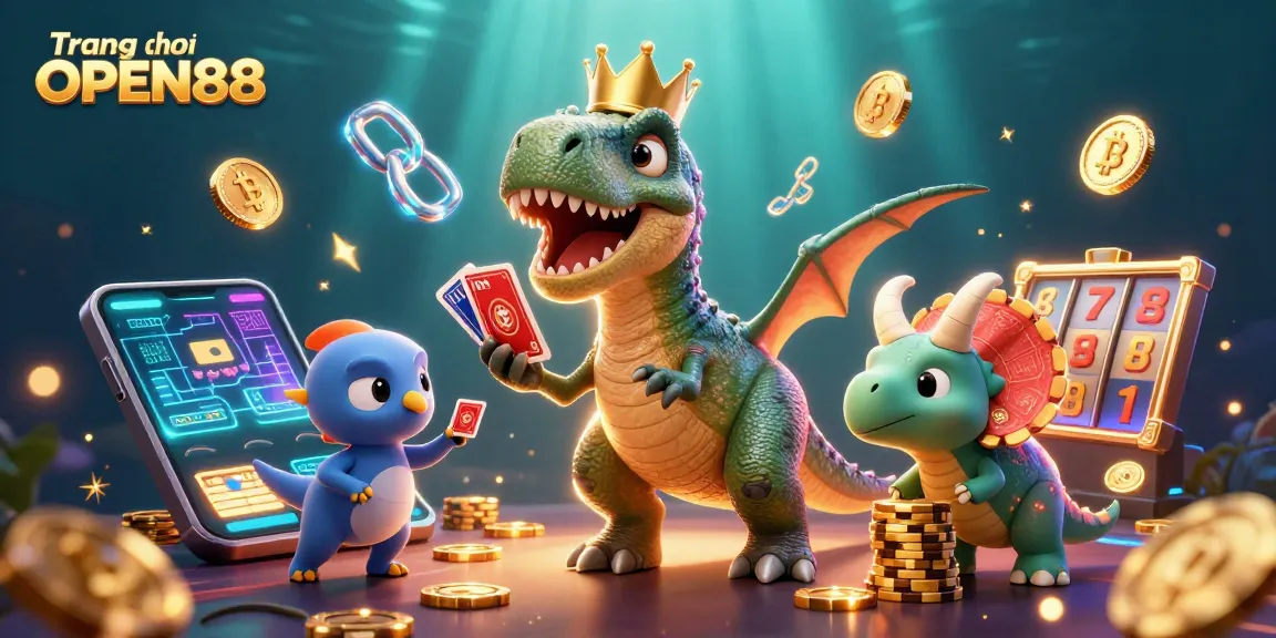 Engage with the vibrant scene of Trang chủ OPEN88 showcasing friendly dinosaurs in a lively casino.