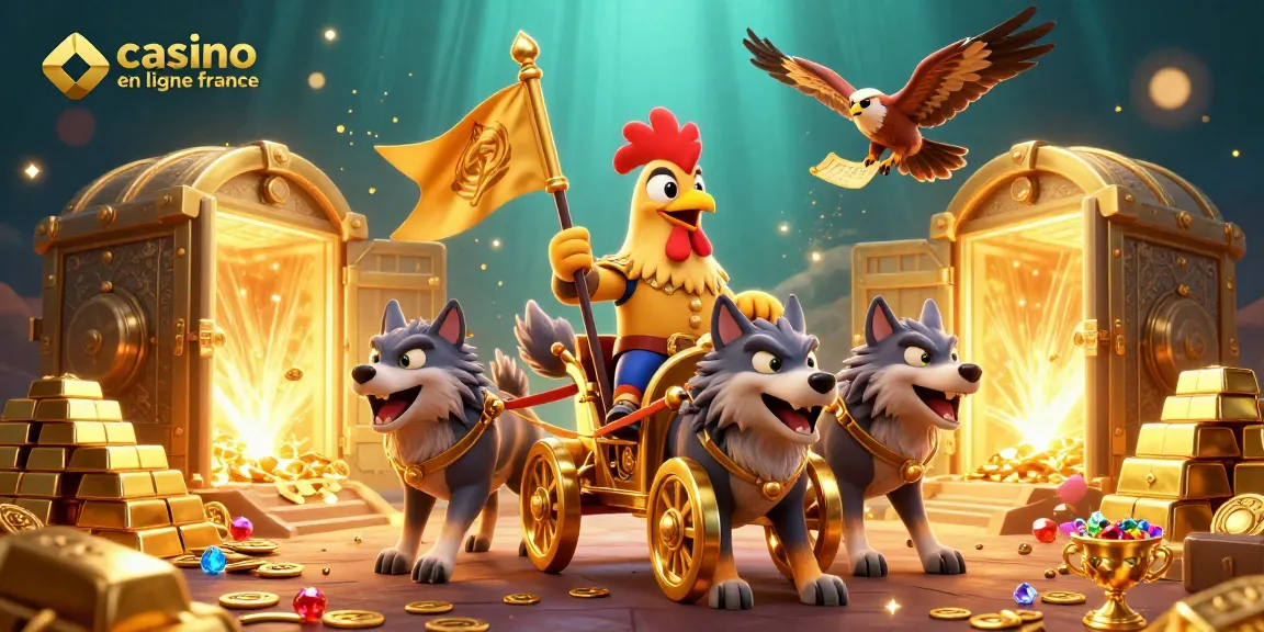 Illustration 3D d'un guerrier coq sur chariot d'or dans un casino en ligne France, entouré de trésors.