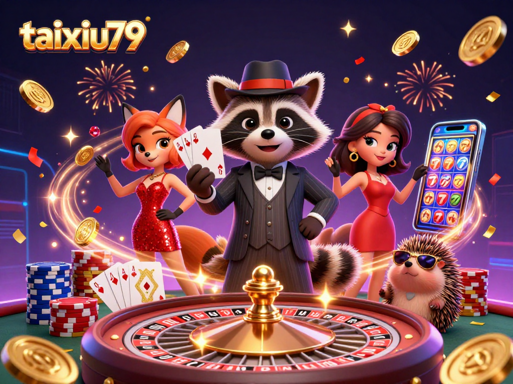 Experience thrilling gameplay with taixiu79 as the suave raccoon celebrates winning at the casino.