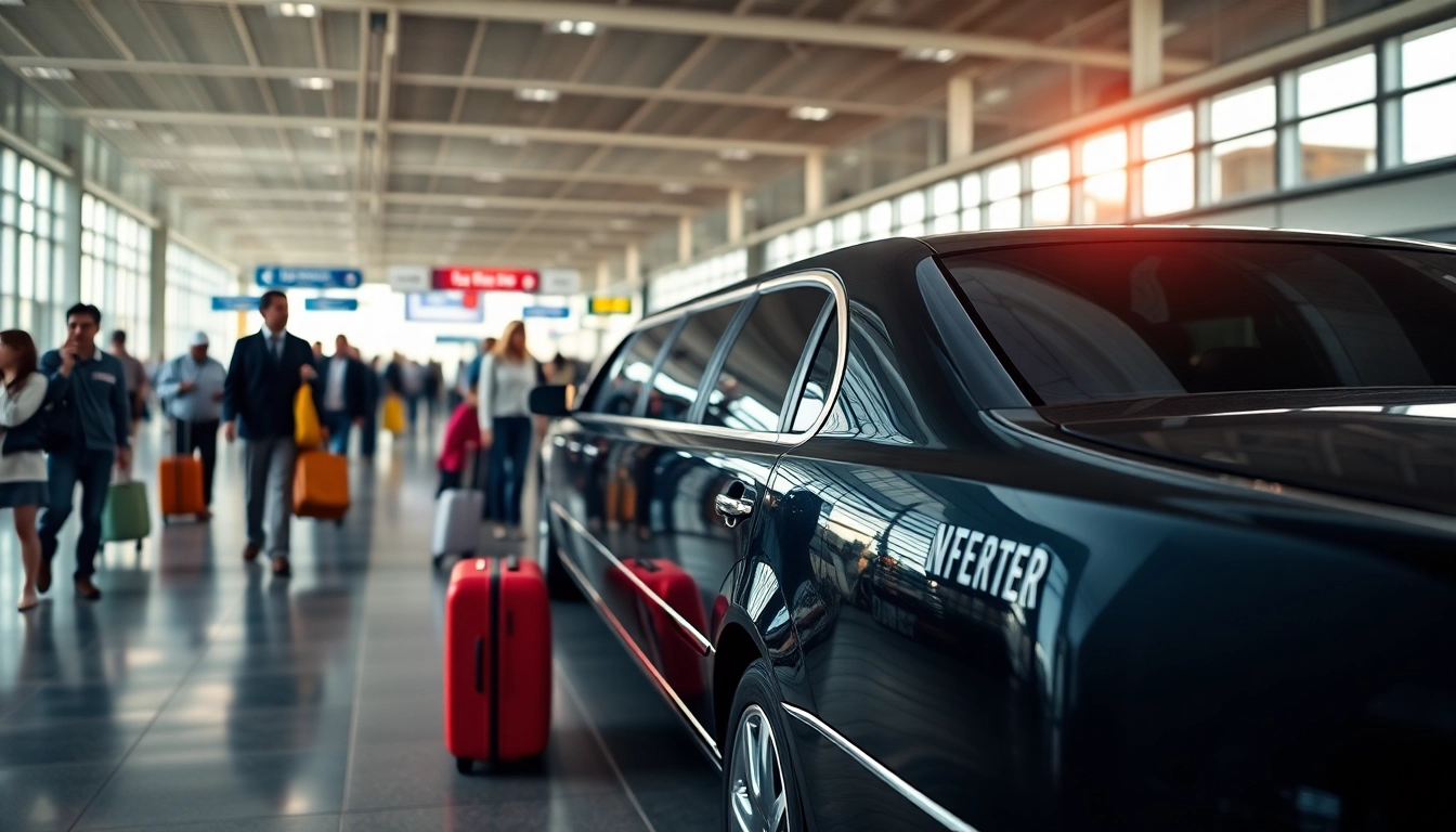 Experience airport limo service with a luxurious vehicle at a busy terminal setting.
