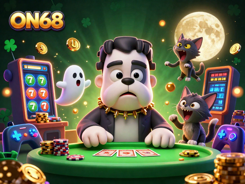 ON68 showcases a monster dealer at a spooky casino table amidst colorful slot symbols and sparkling particles.