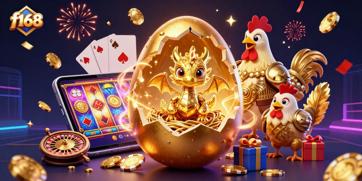 Win big at f168 with a vibrant 3D illustration of a golden egg and dragon heralding lucky gaming adventures.