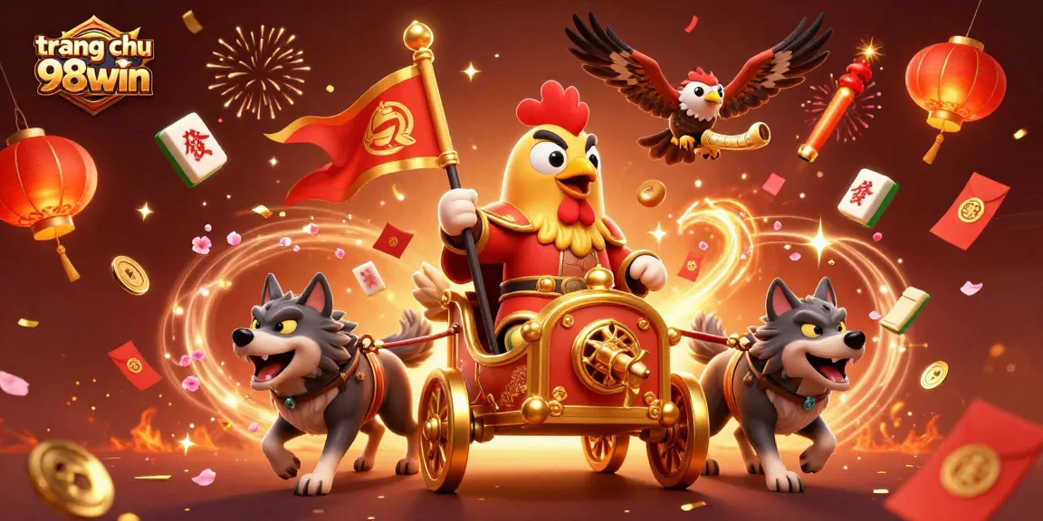 Experience the exciting atmosphere of trang chu 98win with a 3D rooster warlord leading a vibrant casino celebration.
