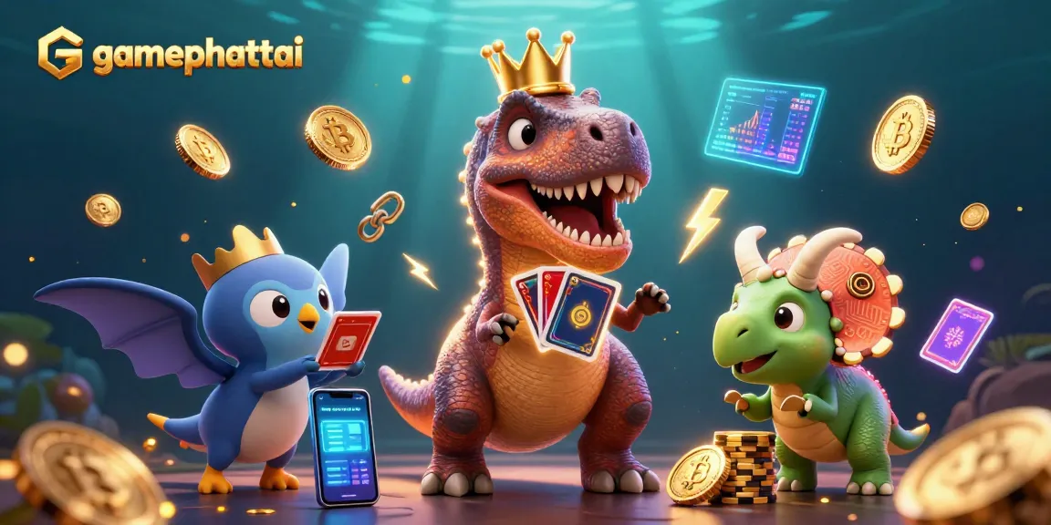 Engage with gamephattai, as a playful T-Rex shuffles cards and friends stack chips in a vibrant casino scene.