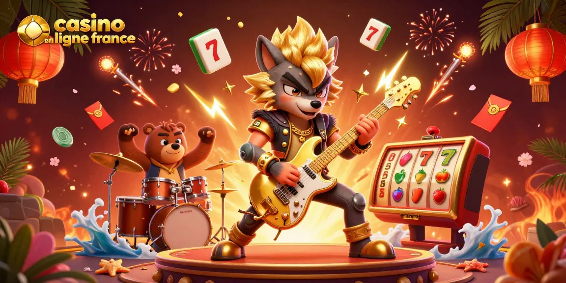 Une illustration dynamique de casino en ligne France avec un loup rockeur et un ours batteur sur scène, entourés d'éléments de jeu.