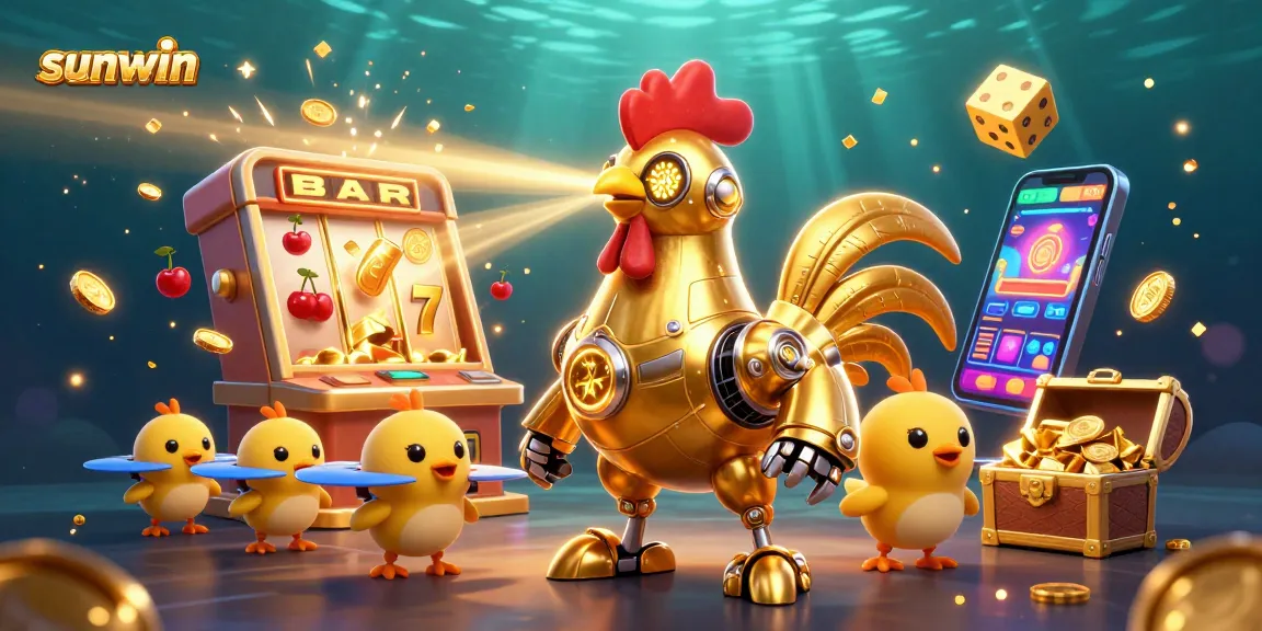 Sunwin offers immersive gaming experience with a dynamic 3D rooster robot and baby chick drones