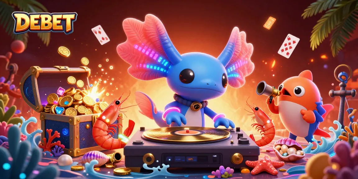 Engage in the vibrant DEBET casino scene with a neon axolotl DJ and treasures!