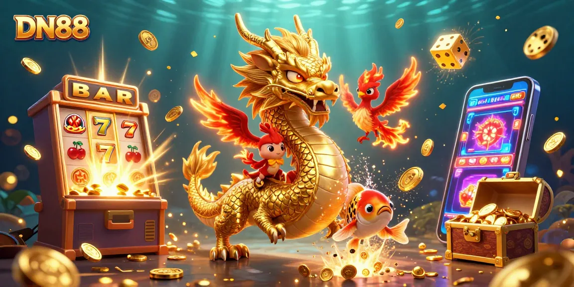 Experience the thrill of DN88 with a golden dragon and lucky symbols in a vibrant casino scene.