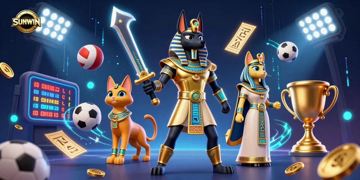 SUNWIN showcases a dynamic 3D illustration of Anubis and Bastet amidst sports betting elements.