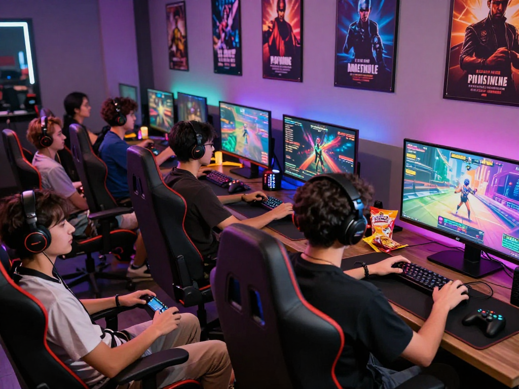 Engaged gamers playing popular porn games online in a vibrant gaming studio.