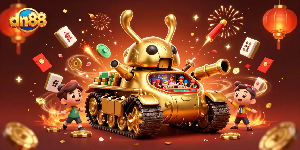 Engage in exciting gameplay at dn88 with a vibrant 3D casino scene illustrating a golden beetle tank and festive elements.