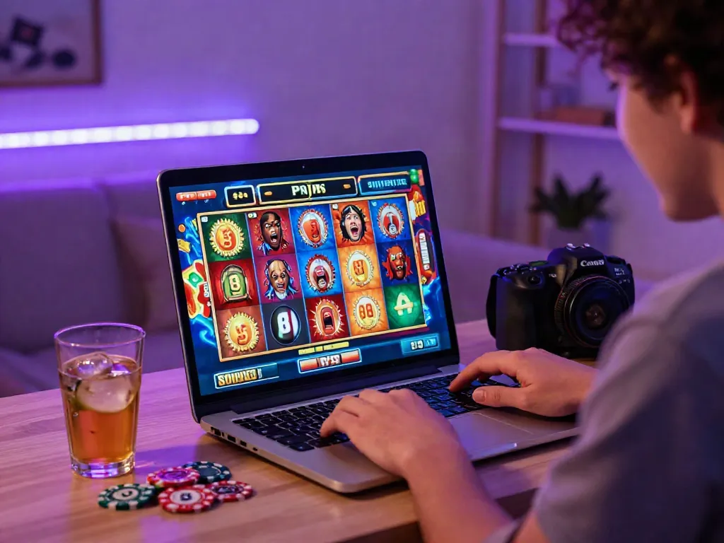 Player enjoying slot online gaming with colorful tokens and drinks in a cozy atmosphere.