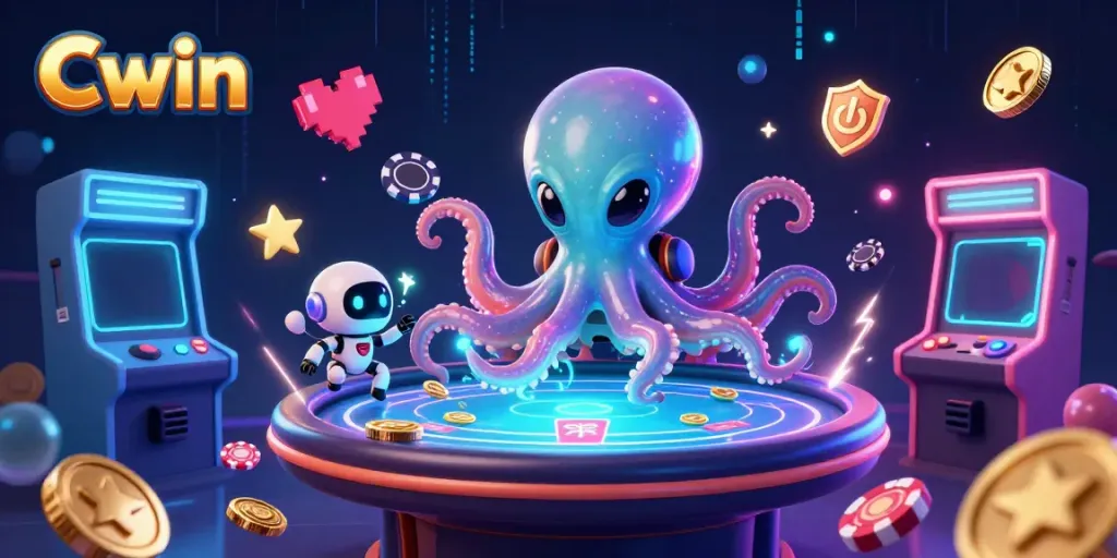 Cwin ignites excitement at a vibrant holographic poker table in a dazzling 3D casino scene.