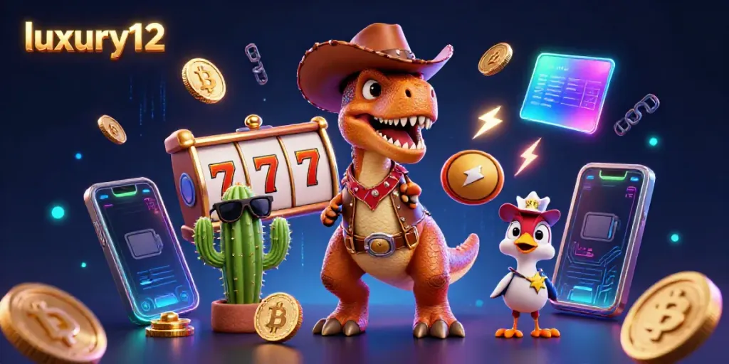 Engage in luxury12 slot games featuring a cowboy T-Rex, cactus, and roadrunner in a vibrant casino scene.