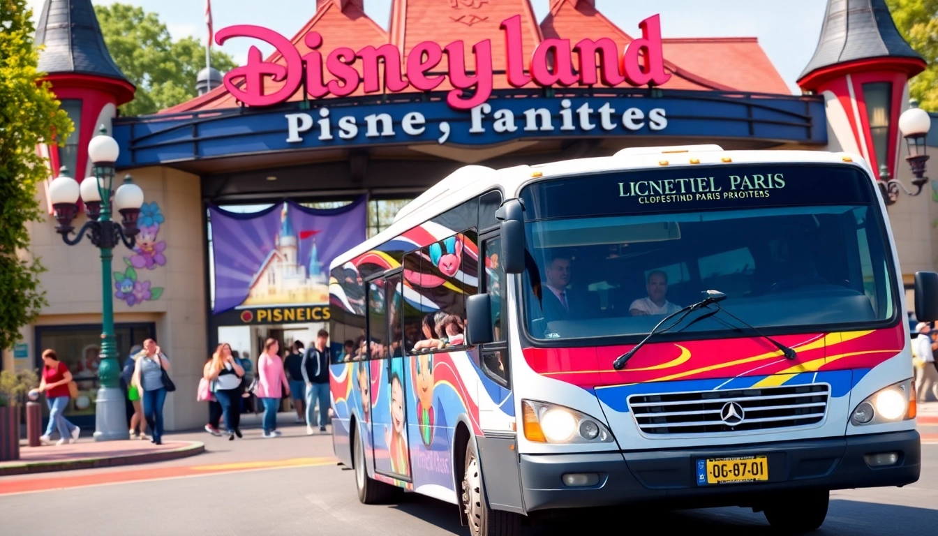 Efficient Beauvais Airport to Disney Transfer highlighting a cheerful shuttle service arriving at Disneyland Paris.