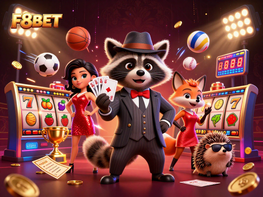 Experience the thrill of F8BET with slot mechanics and charming characters in this animated casino scene.
