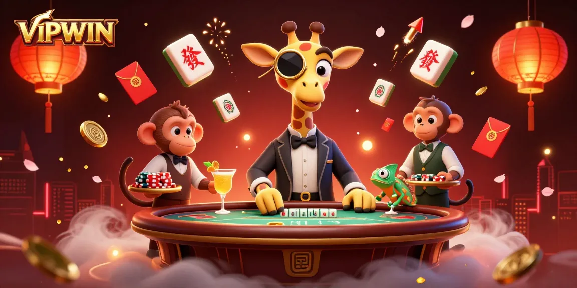 Experience the excitement of VIPWIN with a high-roller giraffe at a poker table amidst lively casino elements.