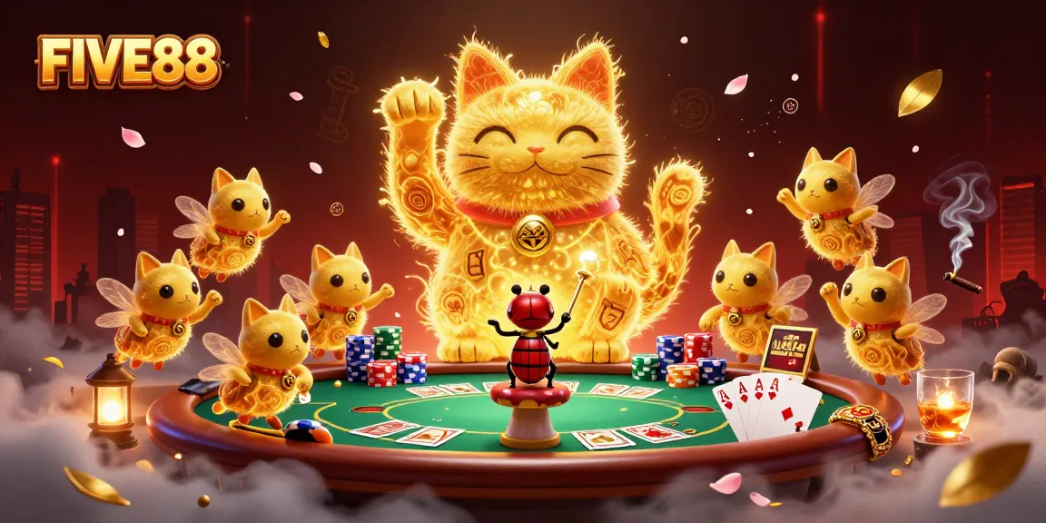 Win big at FIVE88 with a vibrant 3D illustration showcasing a lucky cat and poker elements.