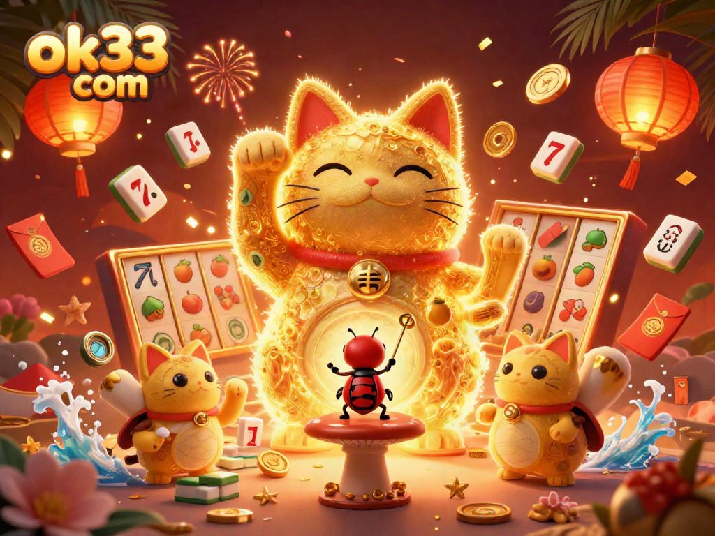 Engage with the vibrant action of ok33 com in a colorful casino scene featuring a lucky cat and dynamic elements.