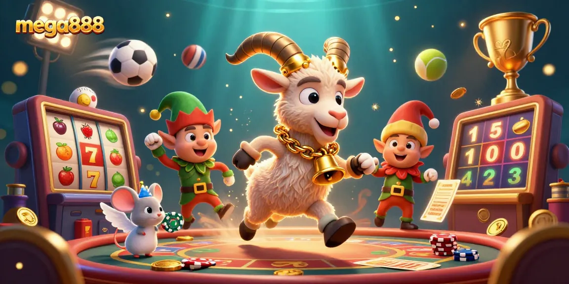 Experience mega888 with lively 3D animation featuring casino games, characters in a festive scene.