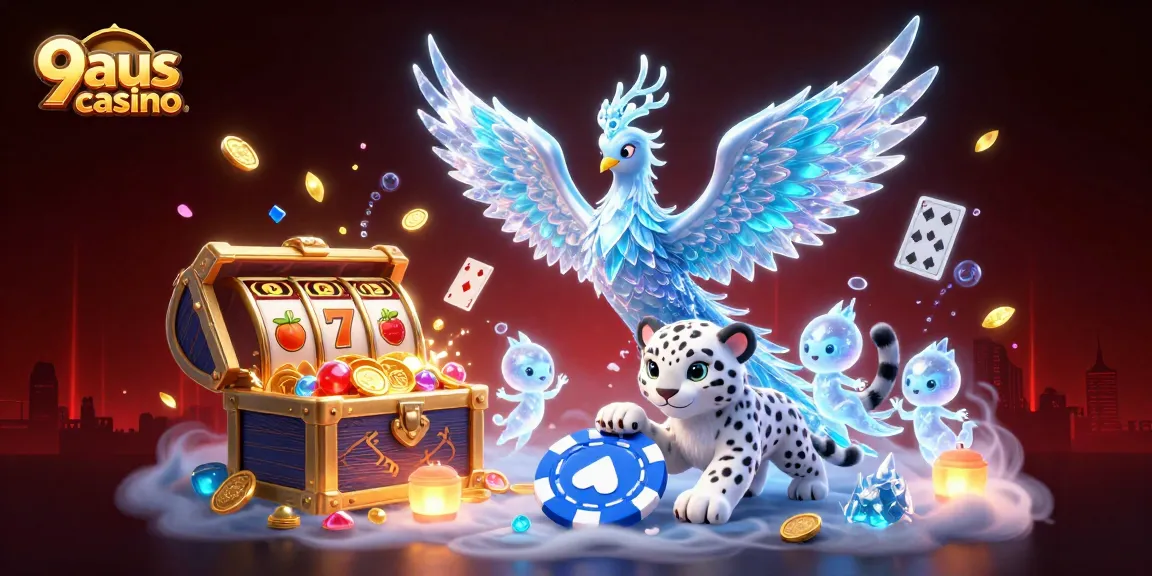 Engage in the thrilling 9aus casino gaming adventure with exciting slot reels, gold coins, and captivating characters.