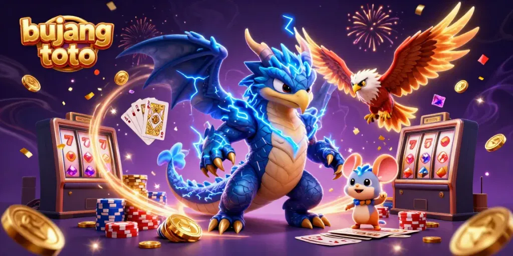 Engage with bujang toto in a thrilling online casino atmosphere featuring characters and vibrant game elements.