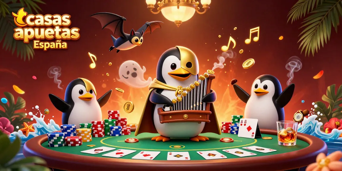 Disfruta de las casas de apuestas España con una ilustración vibrante de un pingüino fantasma.
