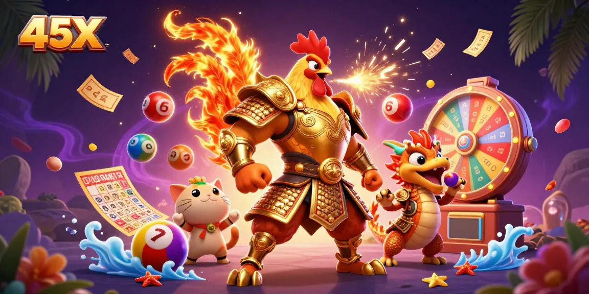 Experience thrilling gameplay with the 45X fighting rooster and dragon in a vibrant casino scene.
