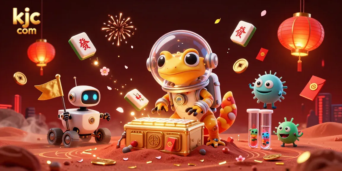 Win big at kjc com with a vibrant 3D casino scene featuring unique Martian gecko characters and festive gaming elements.