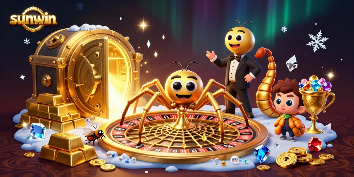 Spin the roulette with sunwin while treasures and golden gems surround the casino scene.