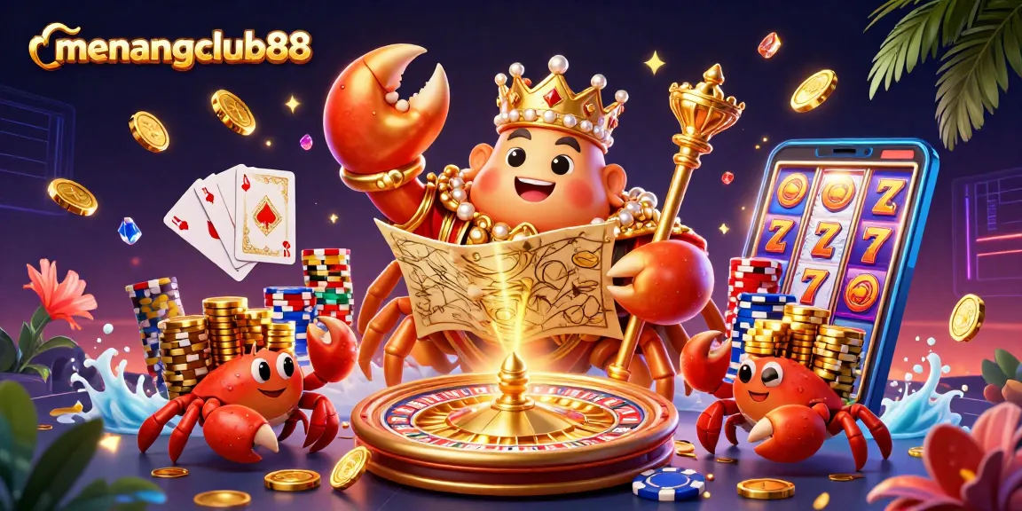 Elevate your gaming experience with menangclub88's vibrant casino scene featuring a crab emperor and treasures.