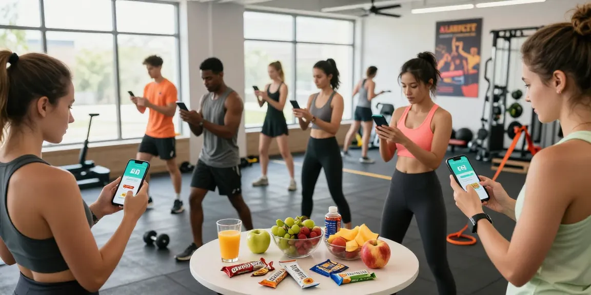 Group using the best calorie tracking apps during a vibrant gym workout, analyzing meal options on smartphones.