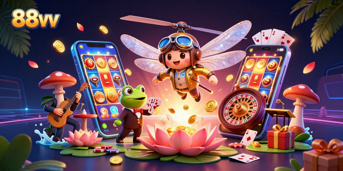 Experience the thrilling action at 88vv with a cartoon dragonfly pilot, frog croupier, and jazz musicians.
