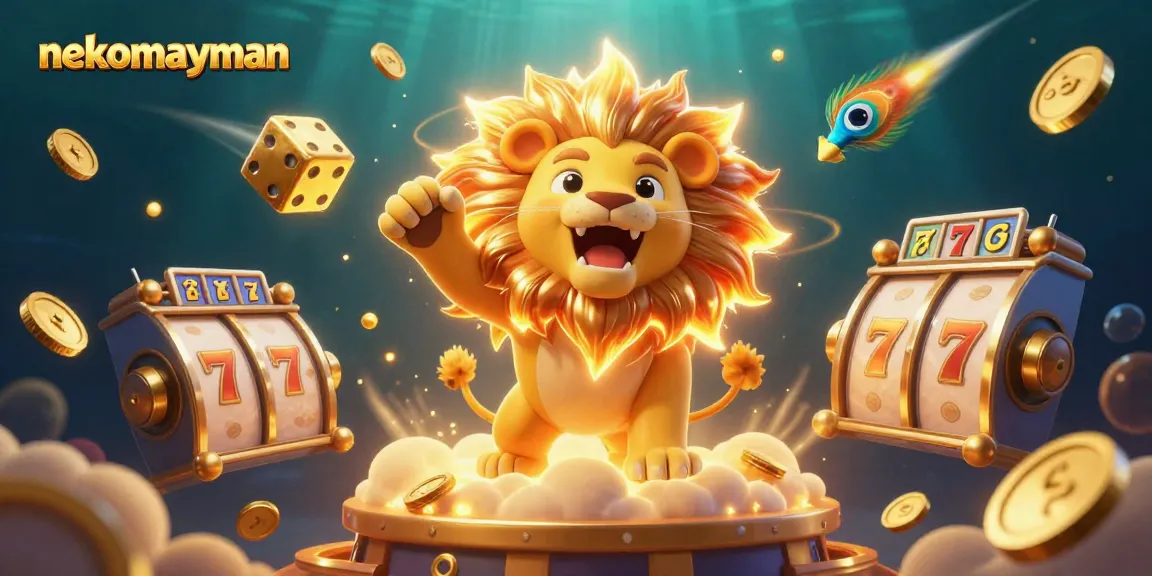 Spin to win with nekomayman in this vibrant 3D casino illustration featuring golden reels and lucky symbols.
