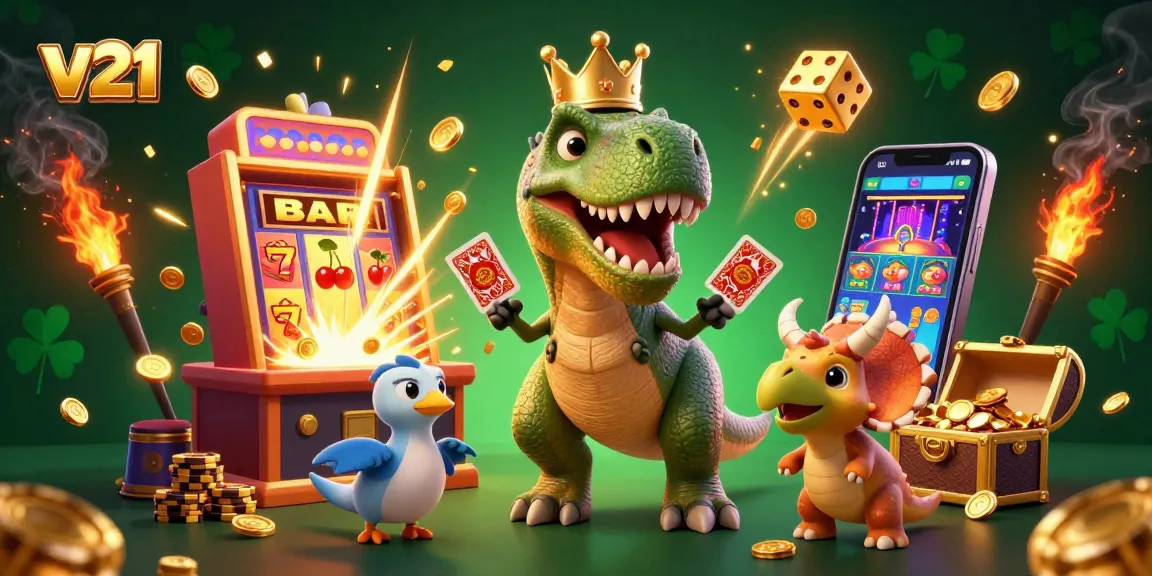 v21 memberikan pengalaman perjudian dengan T-Rex yang mengocok kartu, dikelilingi simbol keberuntungan.