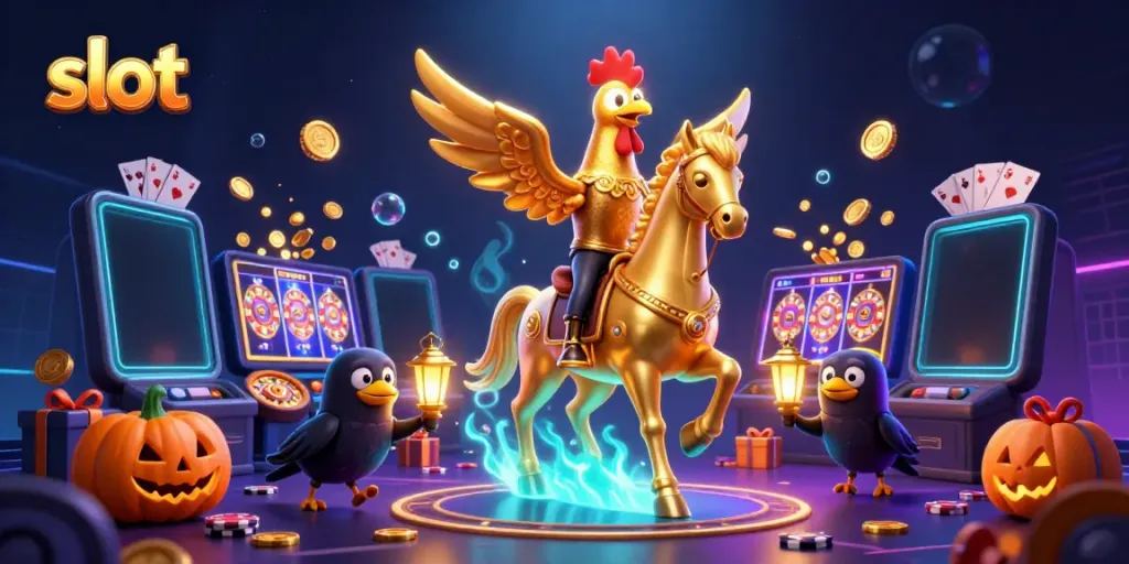 Putaran slot yang menarik di WSLOT888 dengan karakter unik di kasino malam hari.