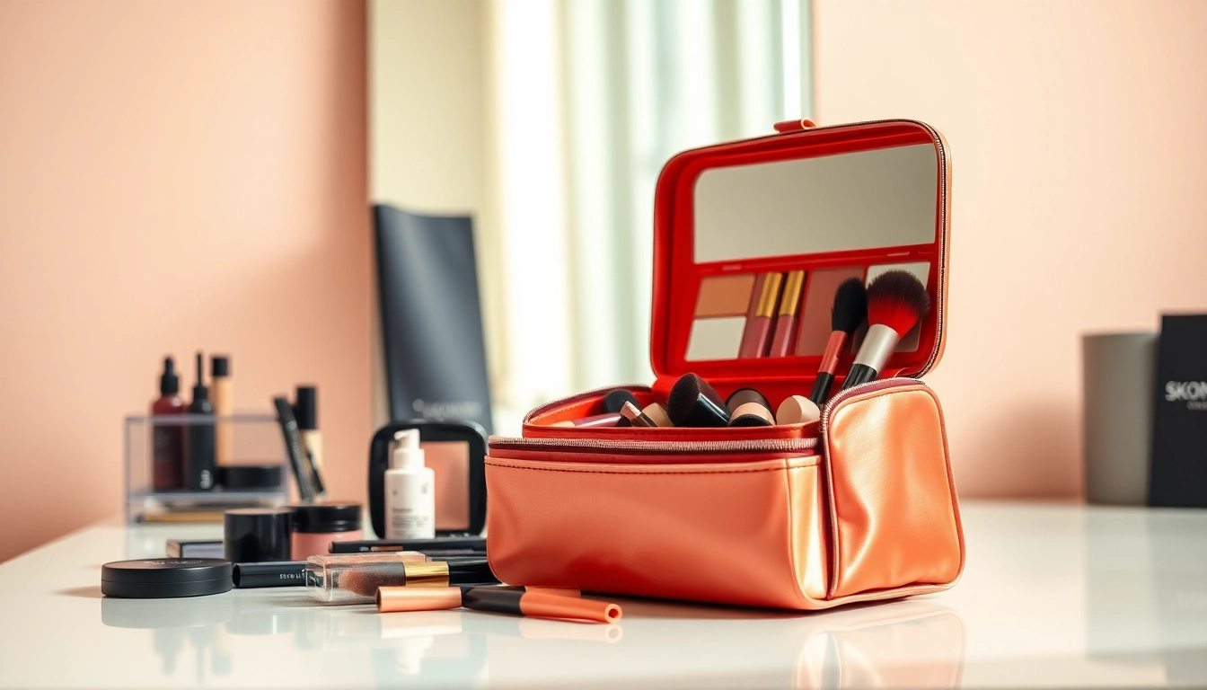 Showcase of skone cosmetics signature makeup bag filled with elegant cosmetics.