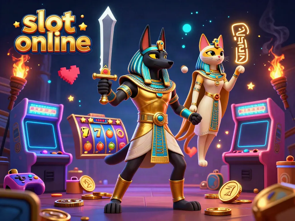 Engage with vibrant slot online excitement featuring 3D Anubis and Bastet surrounded by colorful slot machines.