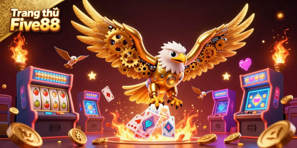 Experience thrilling gameplay at Trang chủ Five88 with a dynamic scene showcasing a cybernetic golden eagle in a vibrant casino atmosphere.