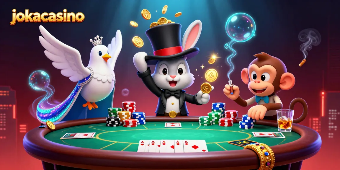 Experience jokacasino magic with a 3D rabbit, dove, and monkey at a poker table.