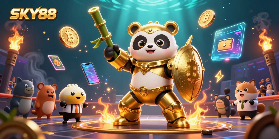 Engage in thrilling gameplay at SKY88 with golden panda fighting robot amidst crypto coins.