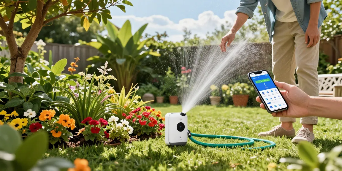 wifi sprinkler controller displayed in a vibrant garden with a homeowner setting it up